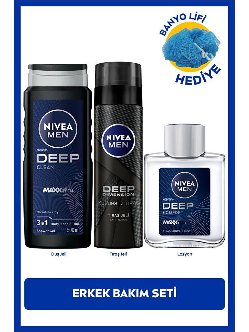 MEN Erkek Deep Dimension Duş Jeli 500ml, Tıraş Jeli 200ml ve Tıraş Sonrası Losyon 100ml, Lif Hediye