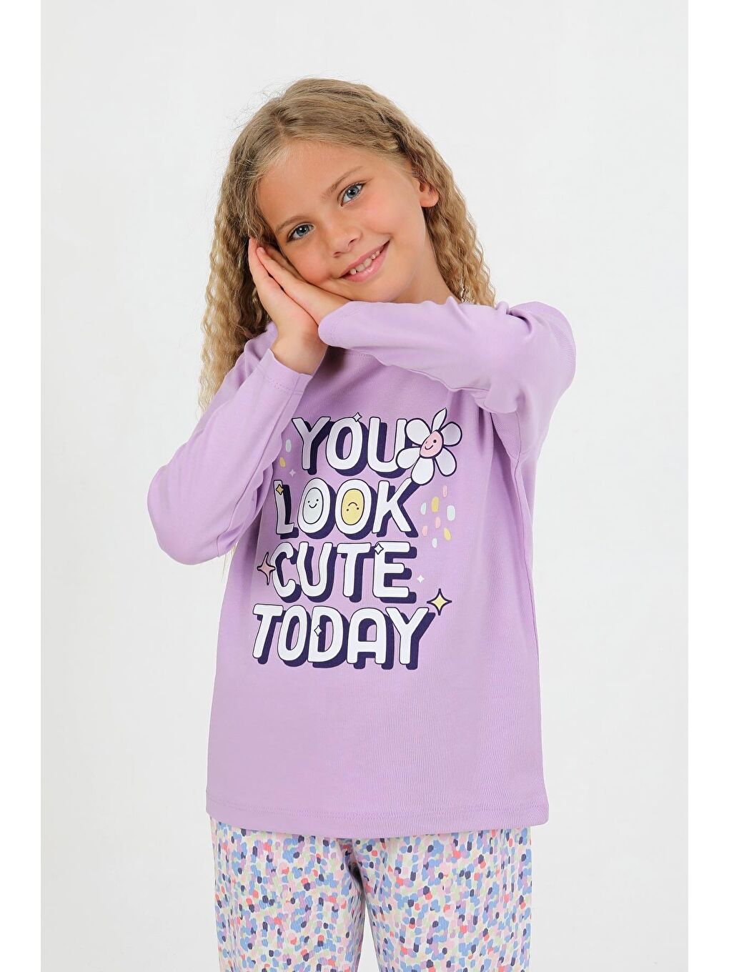 Lila Kız Çocuk Uzun Kollu %100 Pamuk Pijama Takımı Look Cute-1