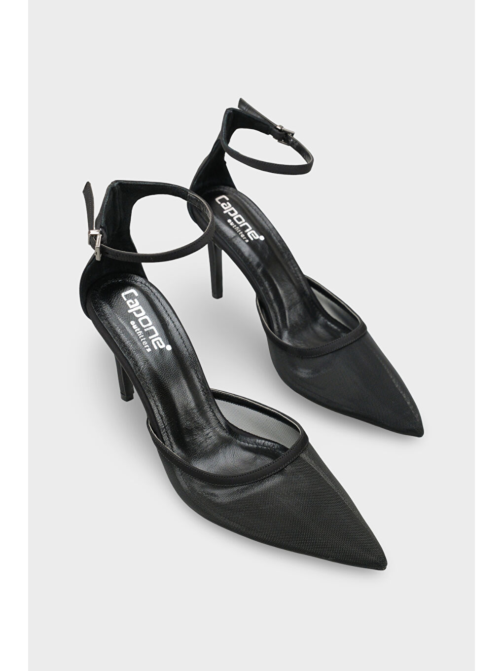 Siyah Letitia Hakiki Deri Astarlı Sivri Burunlu Orta Topuklu File Saten Kadın Ayakkabı-1