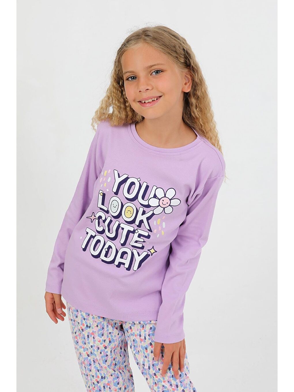 Lila Kız Çocuk Uzun Kollu %100 Pamuk Pijama Takımı Look Cute-2