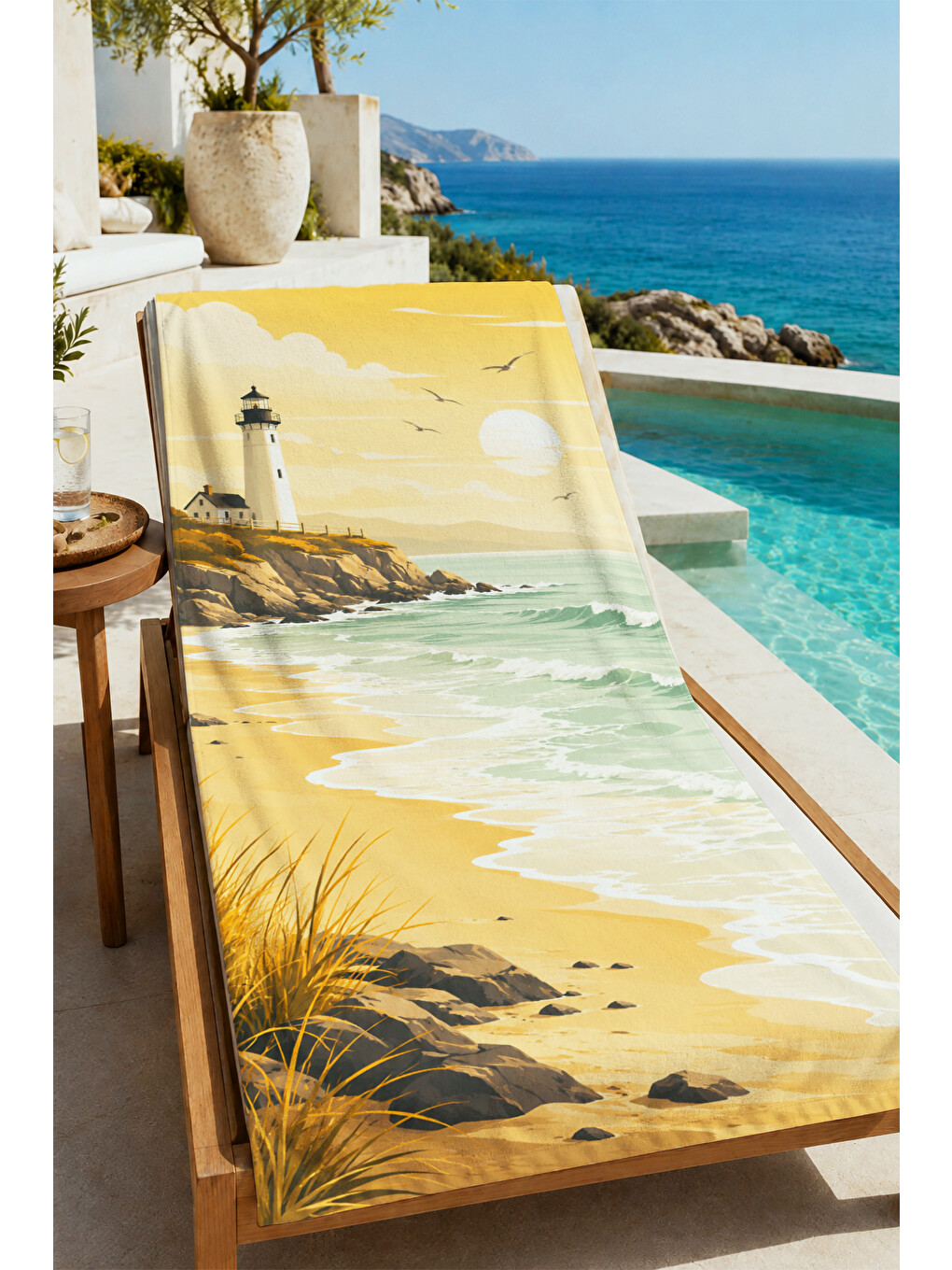 Vintage Sarı Deniz Feneri Sahil Desenli 70x150 Plaj Havlusu - Dijital Baskılı Solmaz Banyo Havlusu-4