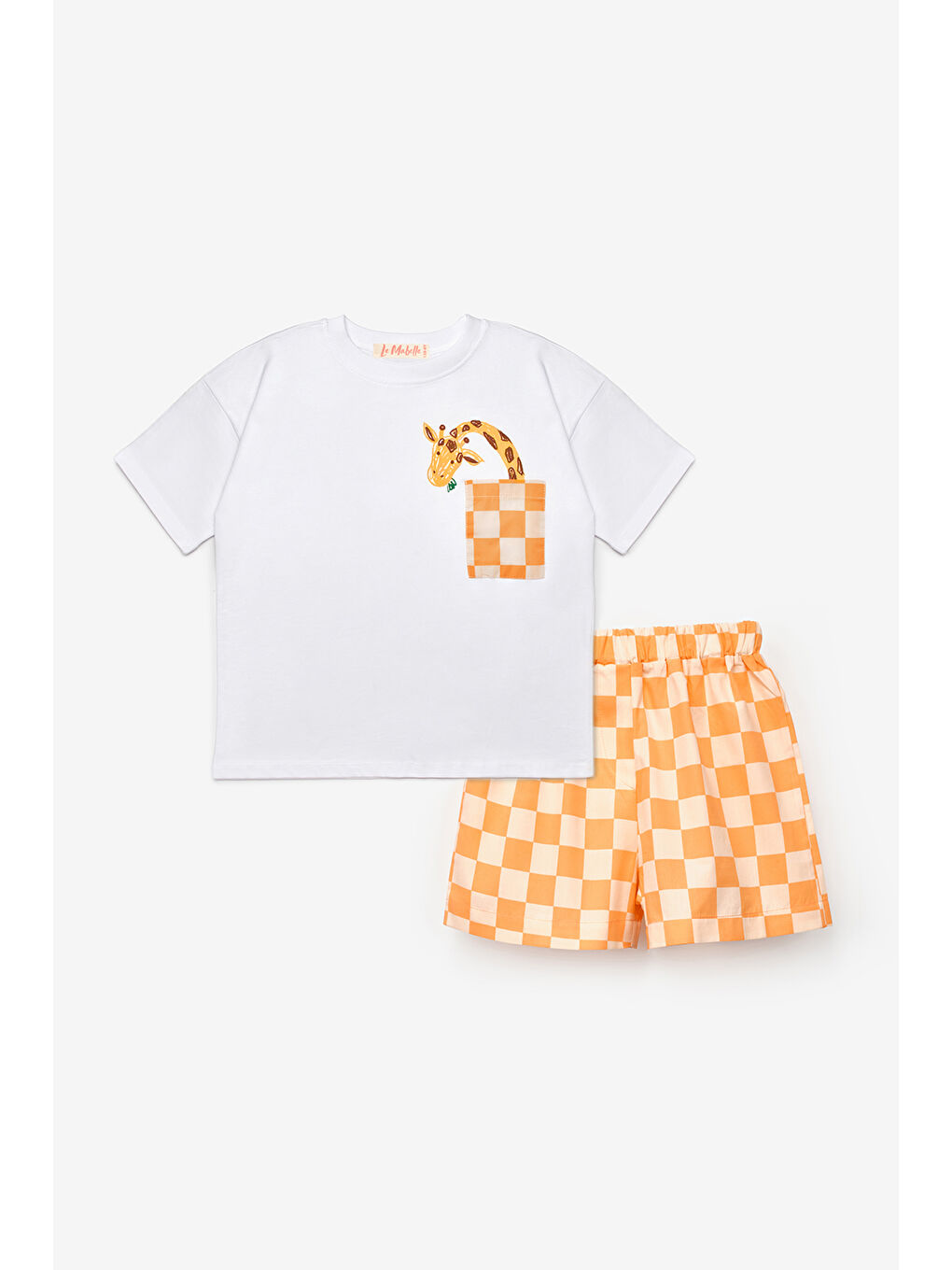 Turuncu Zürafa Figürlü Dama Desenli Çocuk Tişört Şort İkili Takım - Cleo-4