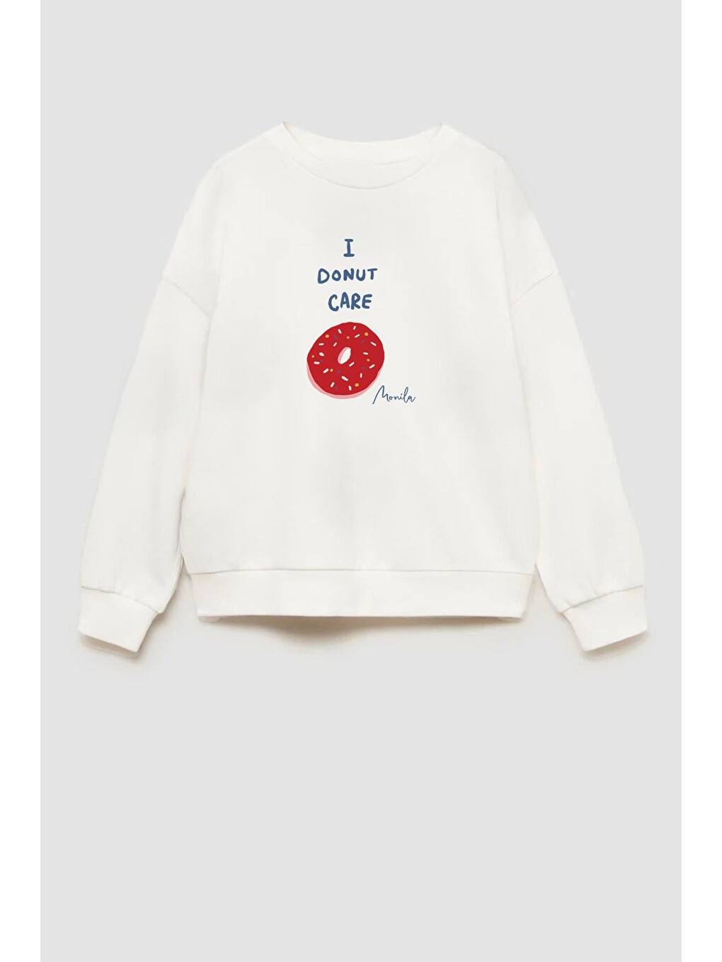 Ekru Kız Çocuk Donut Baskılı 3 İplik Kumaş Pamuklu Sweatshirt