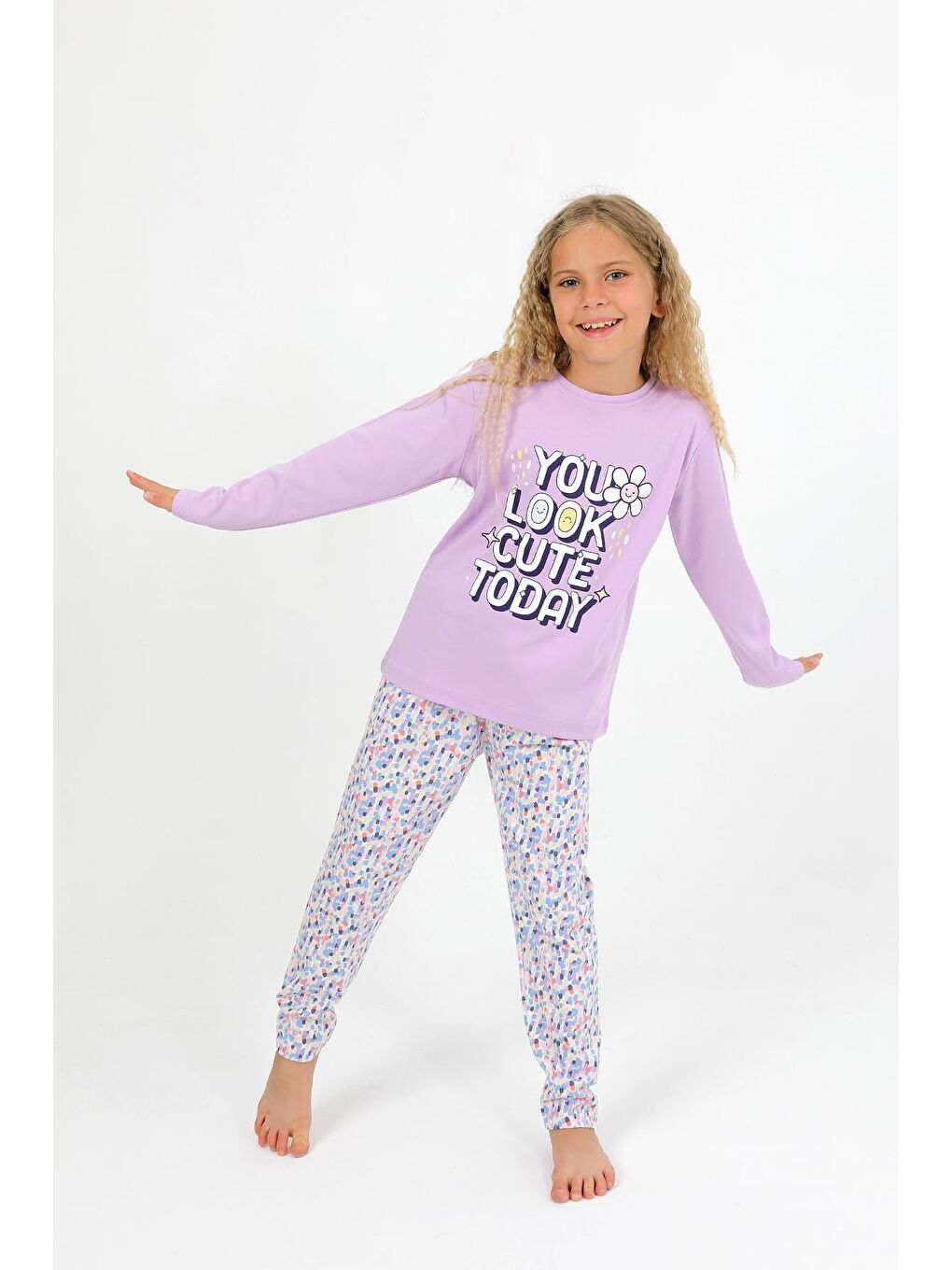Lila Kız Çocuk Uzun Kollu %100 Pamuk Pijama Takımı Look Cute-4