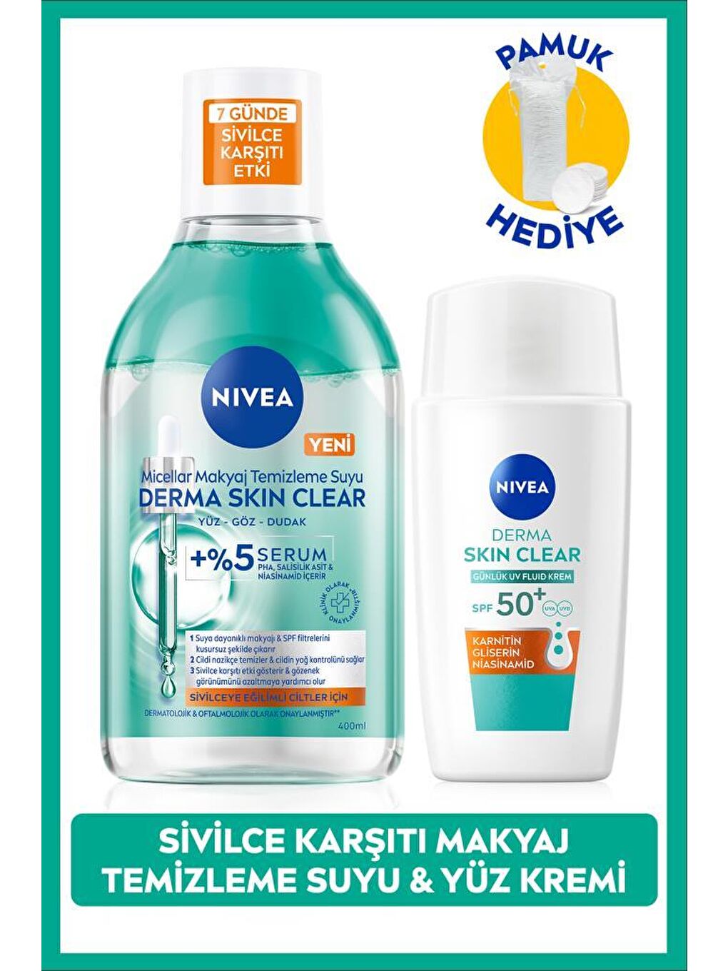 SPF50 Derma Skin Clear Sivilce Karşıtı Güneş Koruyucu Krem40ml ve Makyaj Temizleme Suyu,Pamuk Hediye