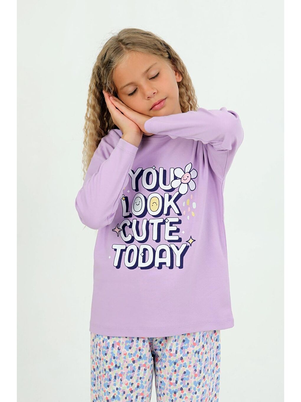 Lila Kız Çocuk Uzun Kollu %100 Pamuk Pijama Takımı Look Cute-5