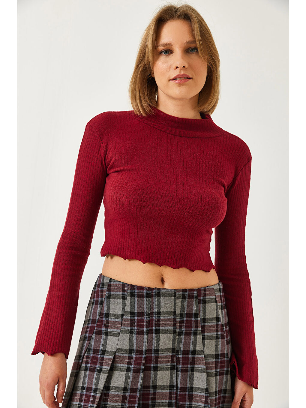 Bordo Kadın Yarım Balıkçı Yaka Bluz-2