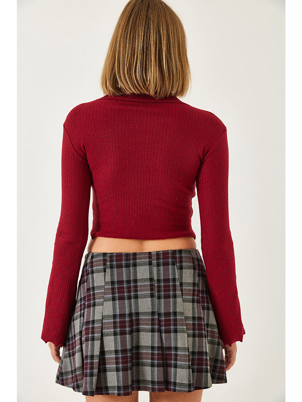 Bordo Kadın Yarım Balıkçı Yaka Bluz-5