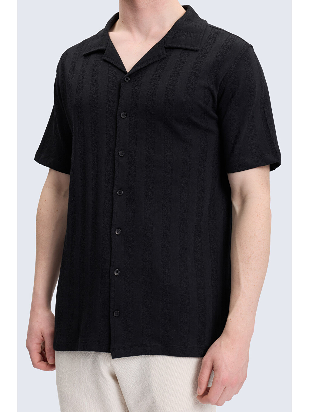 Siyah Regular Fit Apaş Yaka 100% Pamuk Casual Gömlek-3