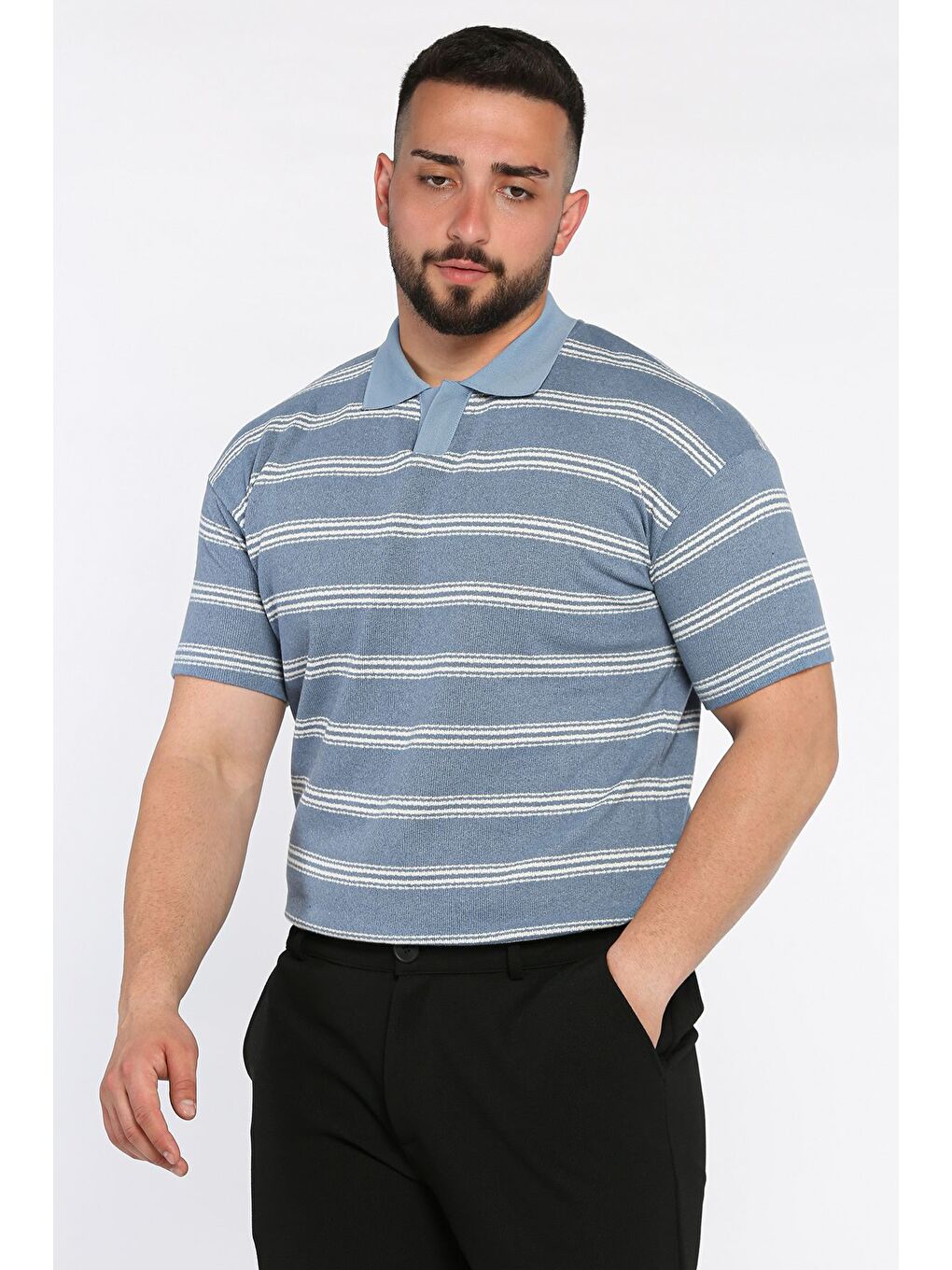 Lacivert Polo Yaka Çizgili Erkek Tişört-1