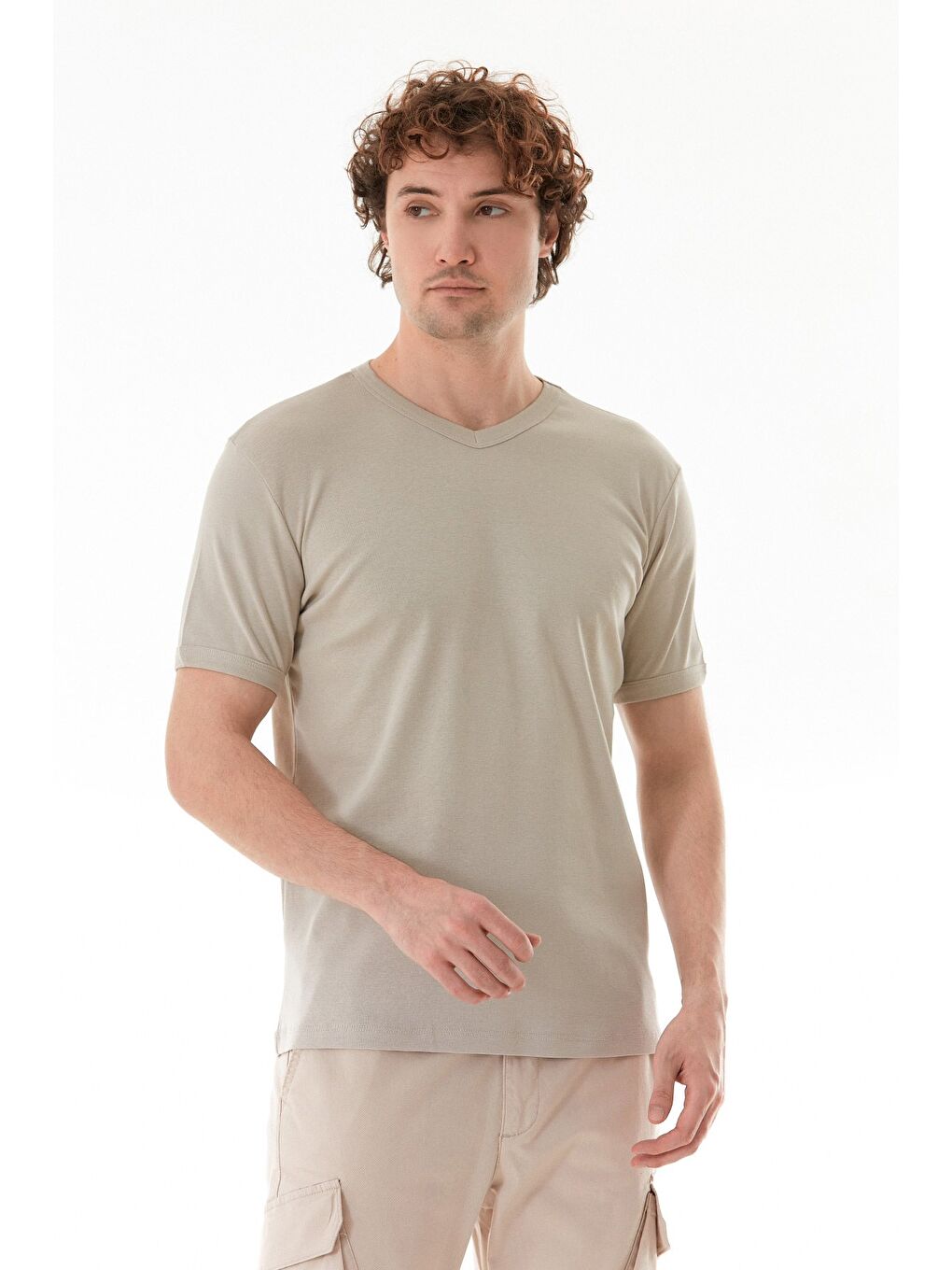 Bej Basic V Yaka Ribanalı Tişört