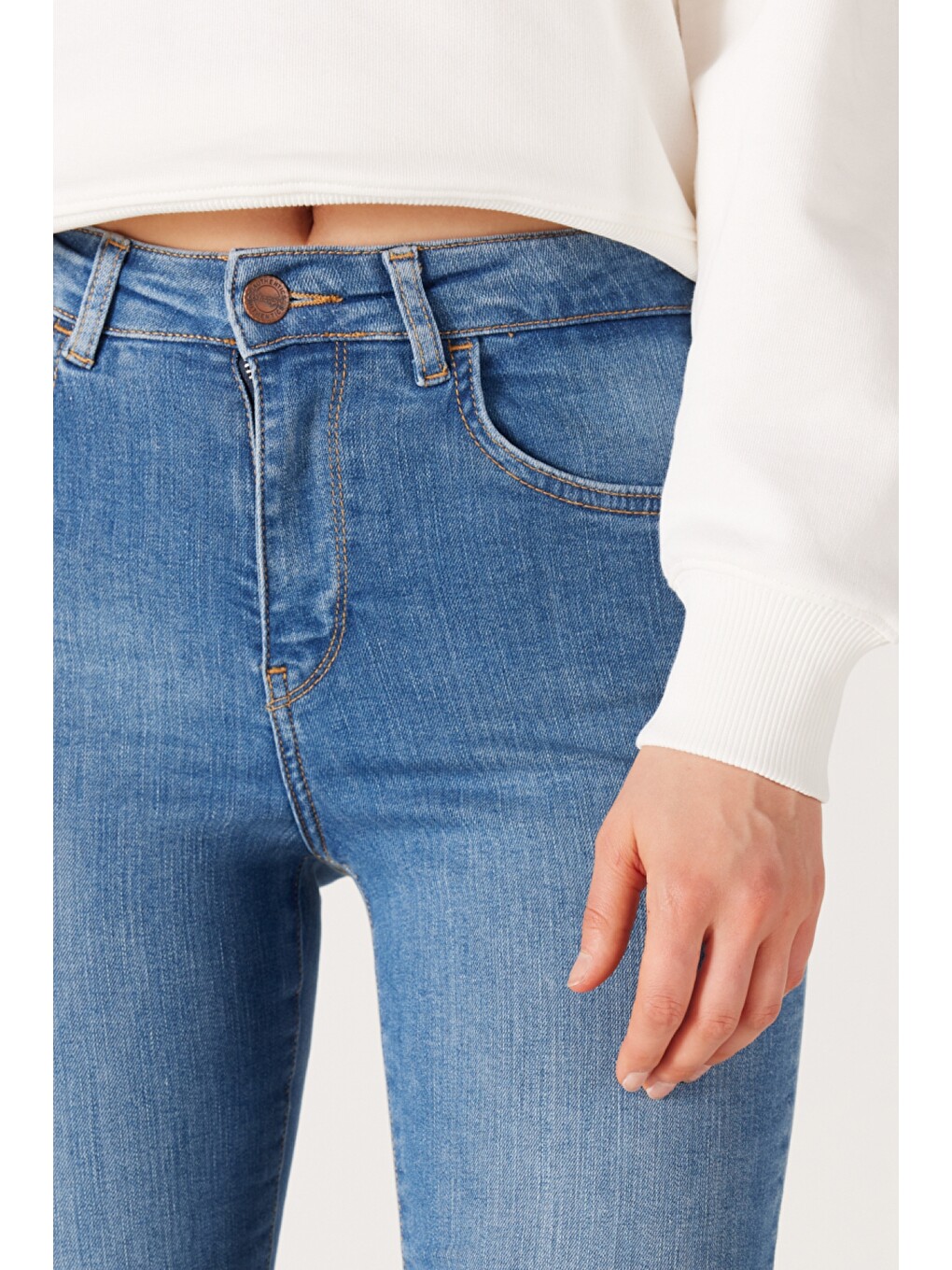 Bej High Rise Skinny Fit Dar Kesim Yüksek Bel Açık Mavi Esnek Jean Jean Pantolon-4