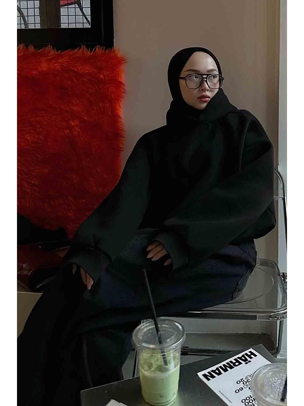 Kapüşonlu Oversize Yan Cepli Sweat Siyah-2