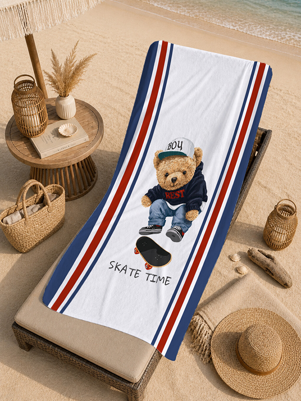 Mavi Skate Time Kaykaycı Ayıcık Desenli 70x150 Plaj Havlusu - Dijital Baskılı Solmaz Banyo Havlusu-1