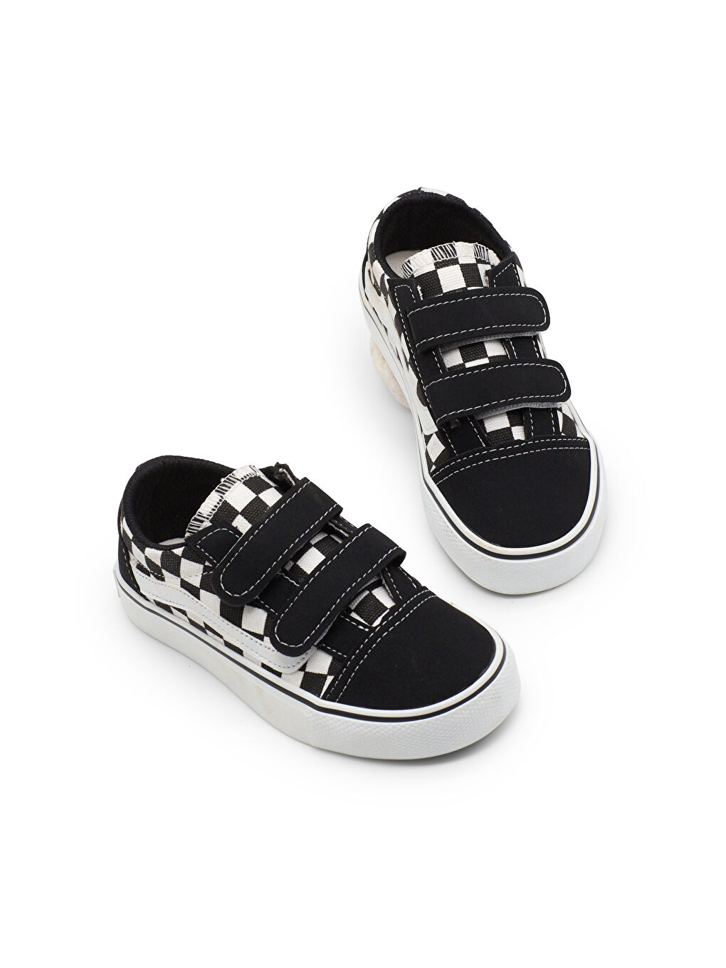 Çocuk Unisex Siyah Ekose Kauçuk Taban Rahat Kalıp Çift Cırtlı Ayakkabı