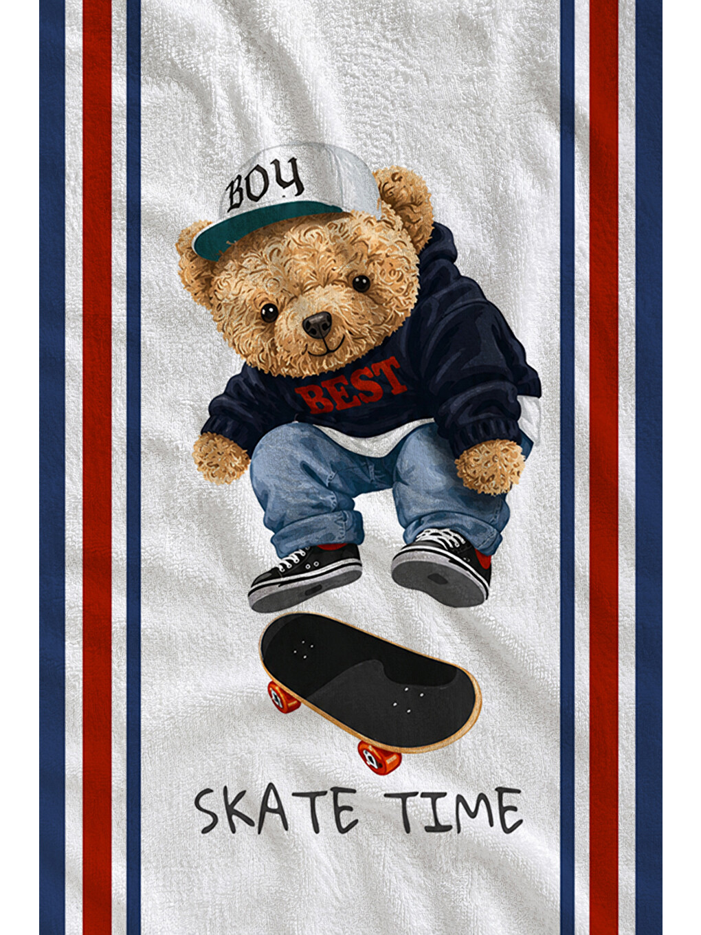 Mavi Skate Time Kaykaycı Ayıcık Desenli 70x150 Plaj Havlusu - Dijital Baskılı Solmaz Banyo Havlusu-2