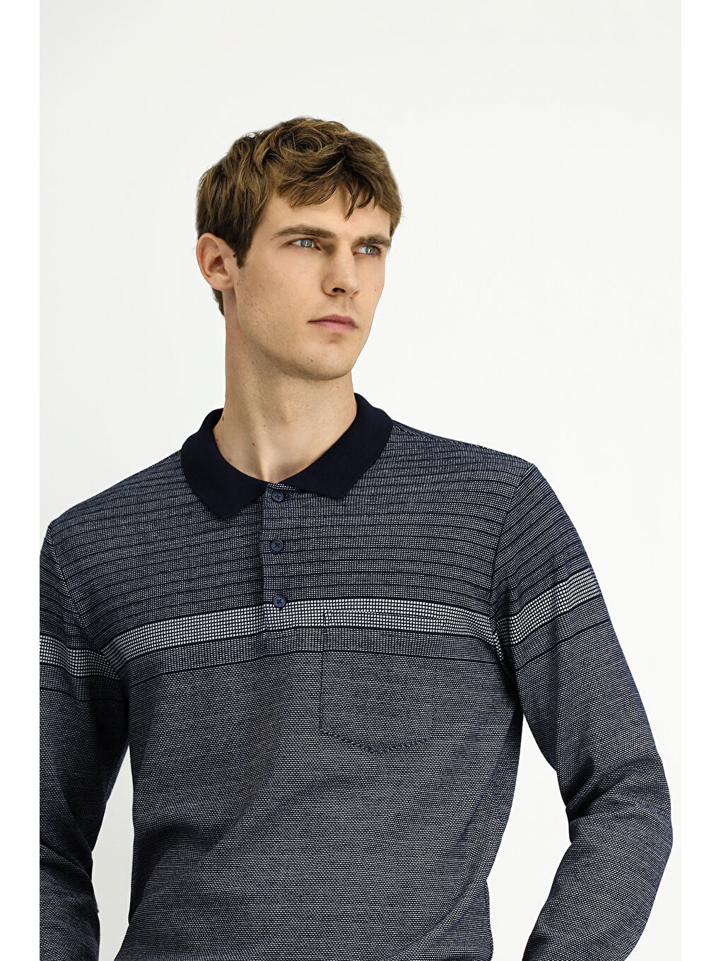 Lacivert Polo Yaka Regular Fit Çizgili Sweatshirt