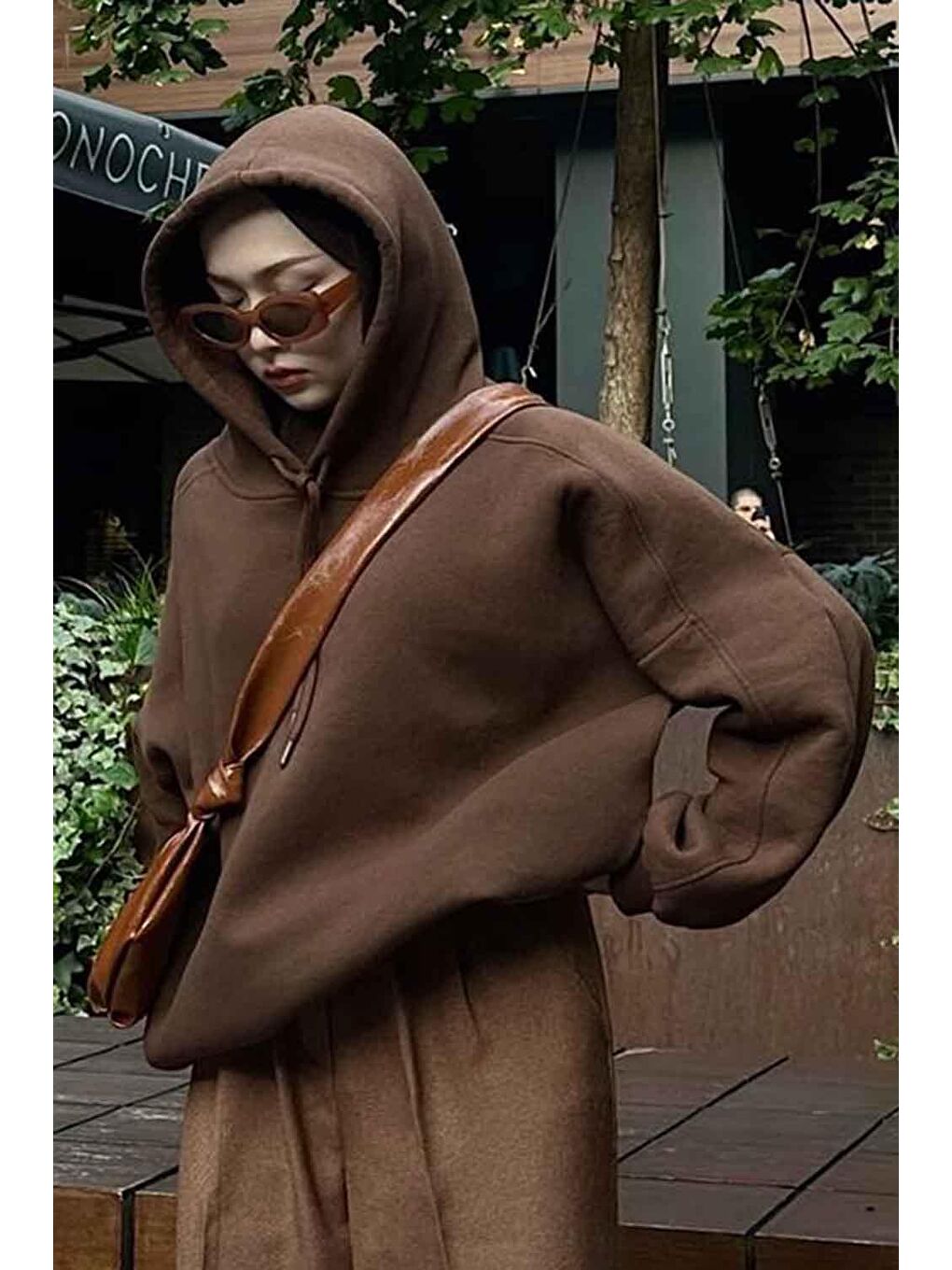 Kapüşonlu Oversize Yan Cepli Sweat Acı Kahverengi-3