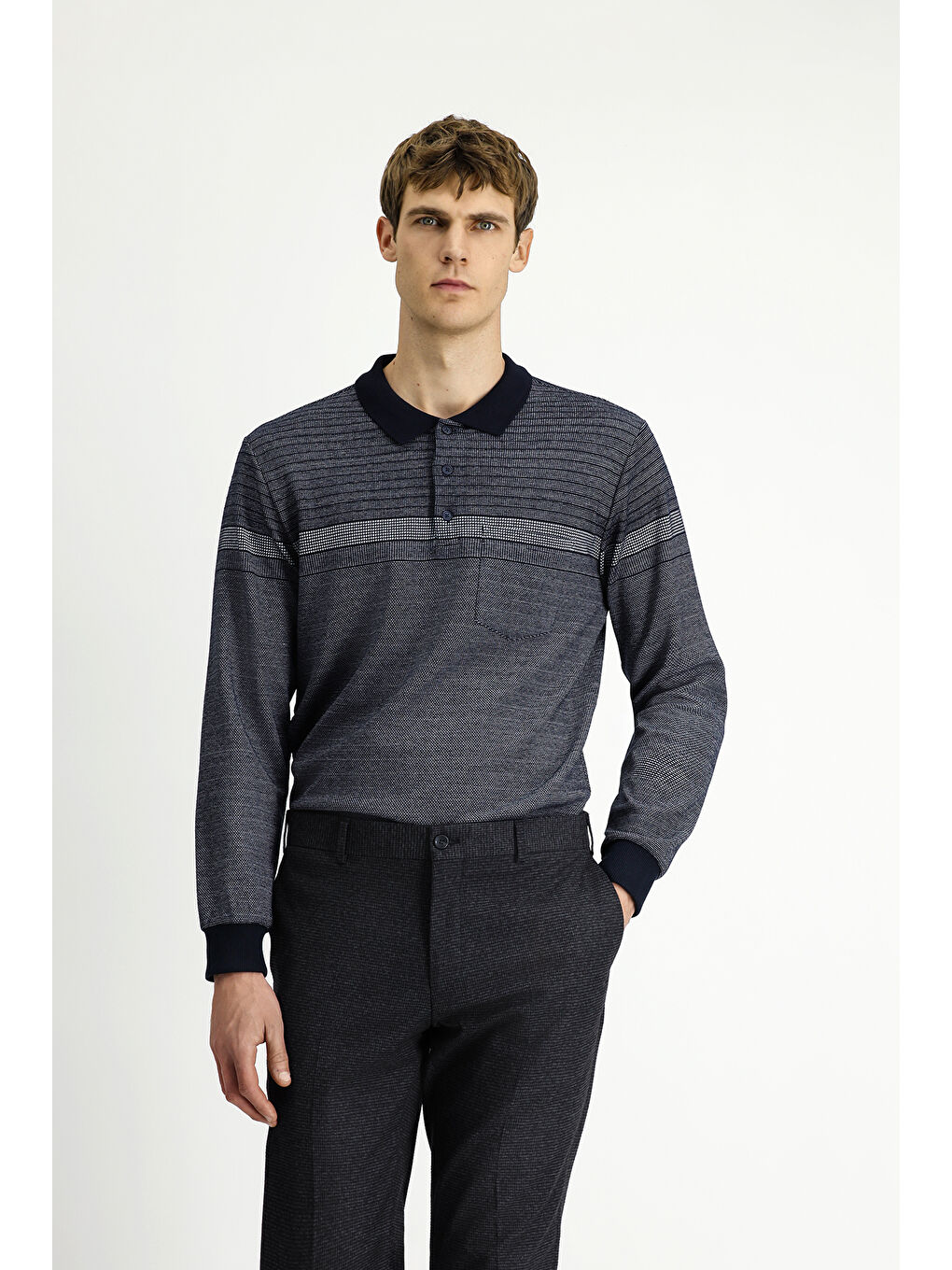 Lacivert Polo Yaka Regular Fit Çizgili Sweatshirt-2