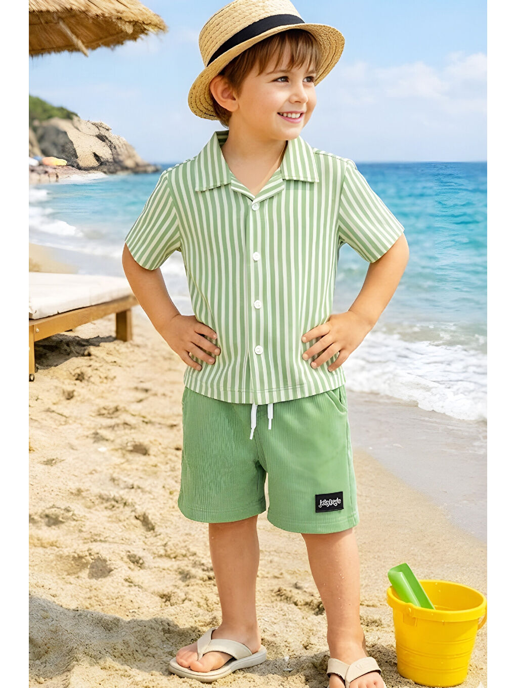 Yeşil Erkek Çocuk Alt-Üst Takım (Waffle Gömlek+Ottoman Şort) 3-12 Yaş 12569HC
