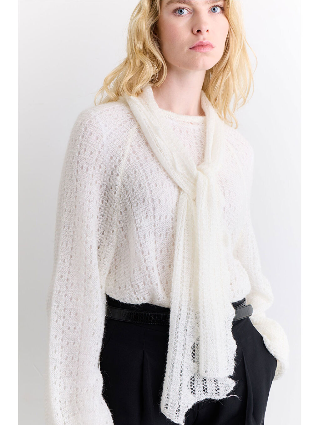 Bağlama Yakalı Ajurlu Kazak Ekru-1