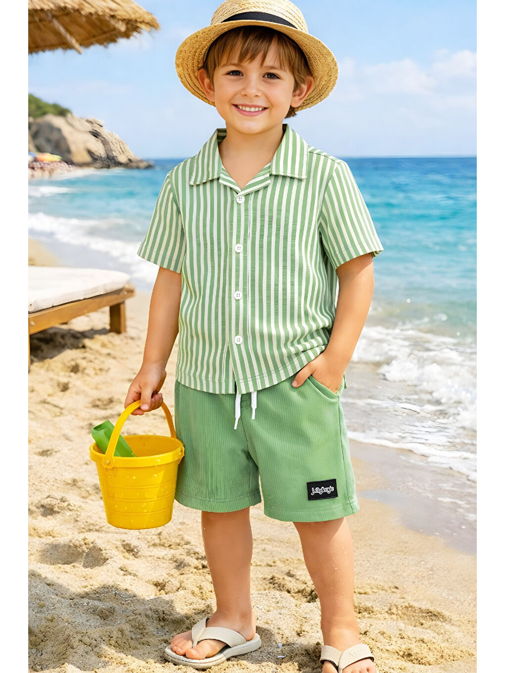 Yeşil Erkek Çocuk Alt-Üst Takım (Waffle Gömlek+Ottoman Şort) 3-12 Yaş 12569HC-1