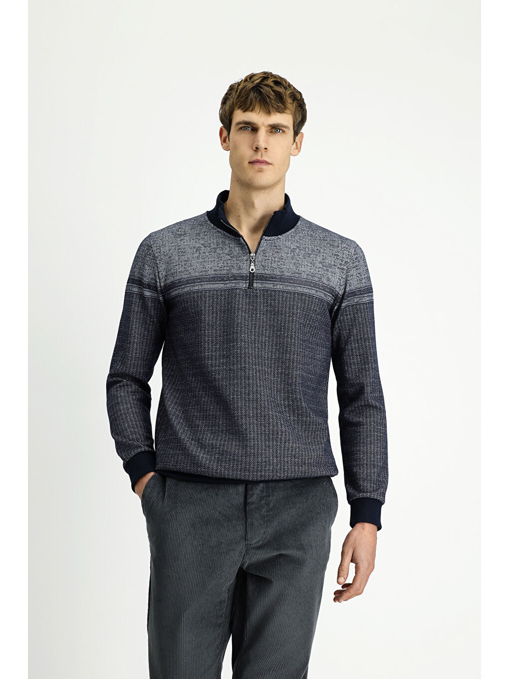 Lacivert Yarım Balıkçı Yaka Yaka Regular Fit Desenli Fermuarlı Pamuklu Sweatshirt