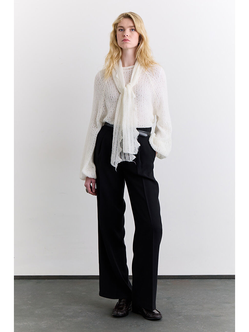 Bağlama Yakalı Ajurlu Kazak Ekru-3