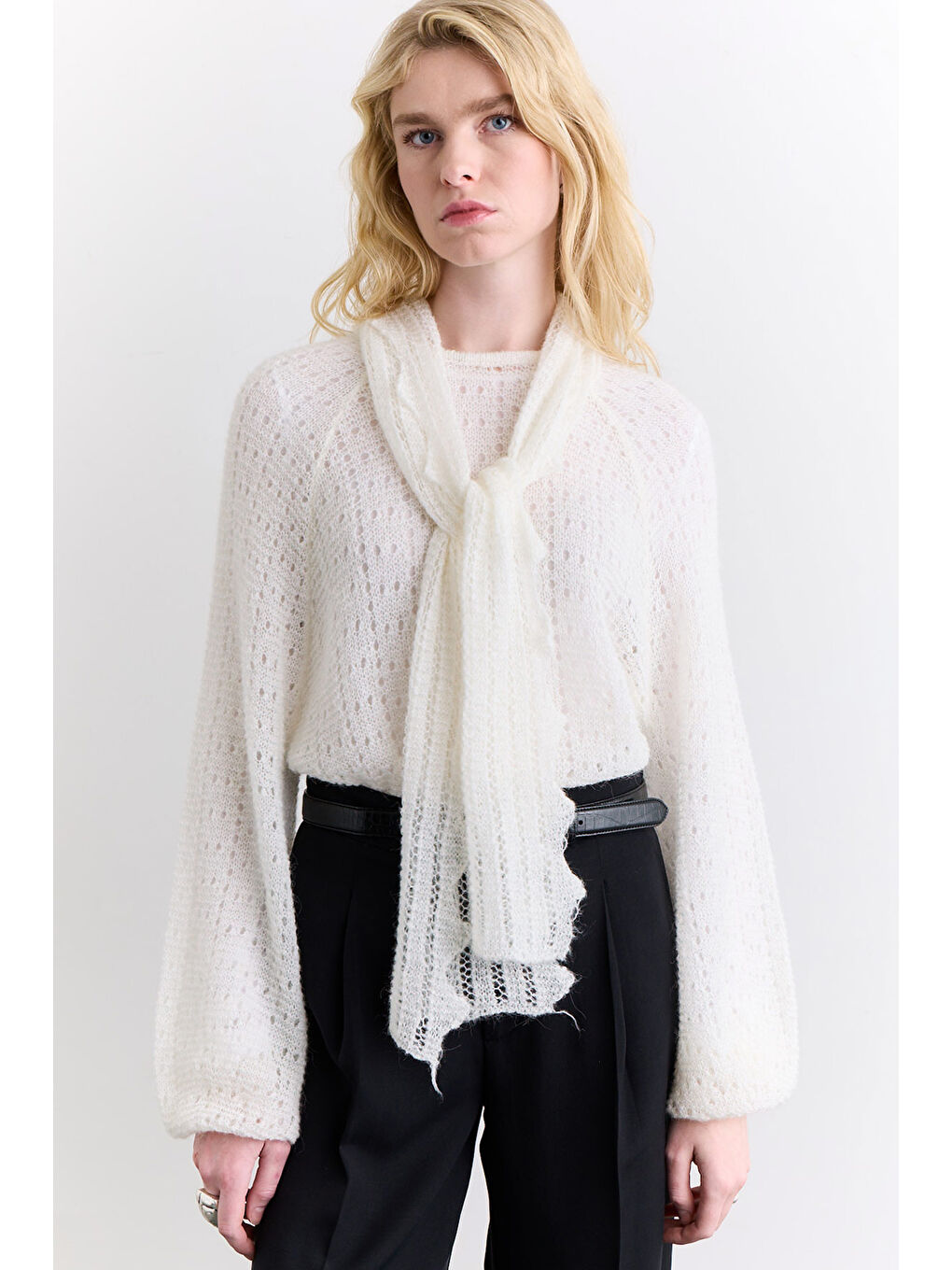 Bağlama Yakalı Ajurlu Kazak Ekru-4