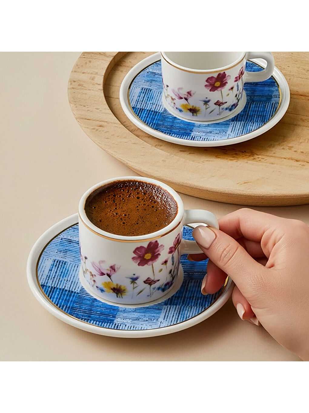 Ekru Mental 4 Parça 2 Kişilik Kahve Fincan Takımı 6709 Mavi