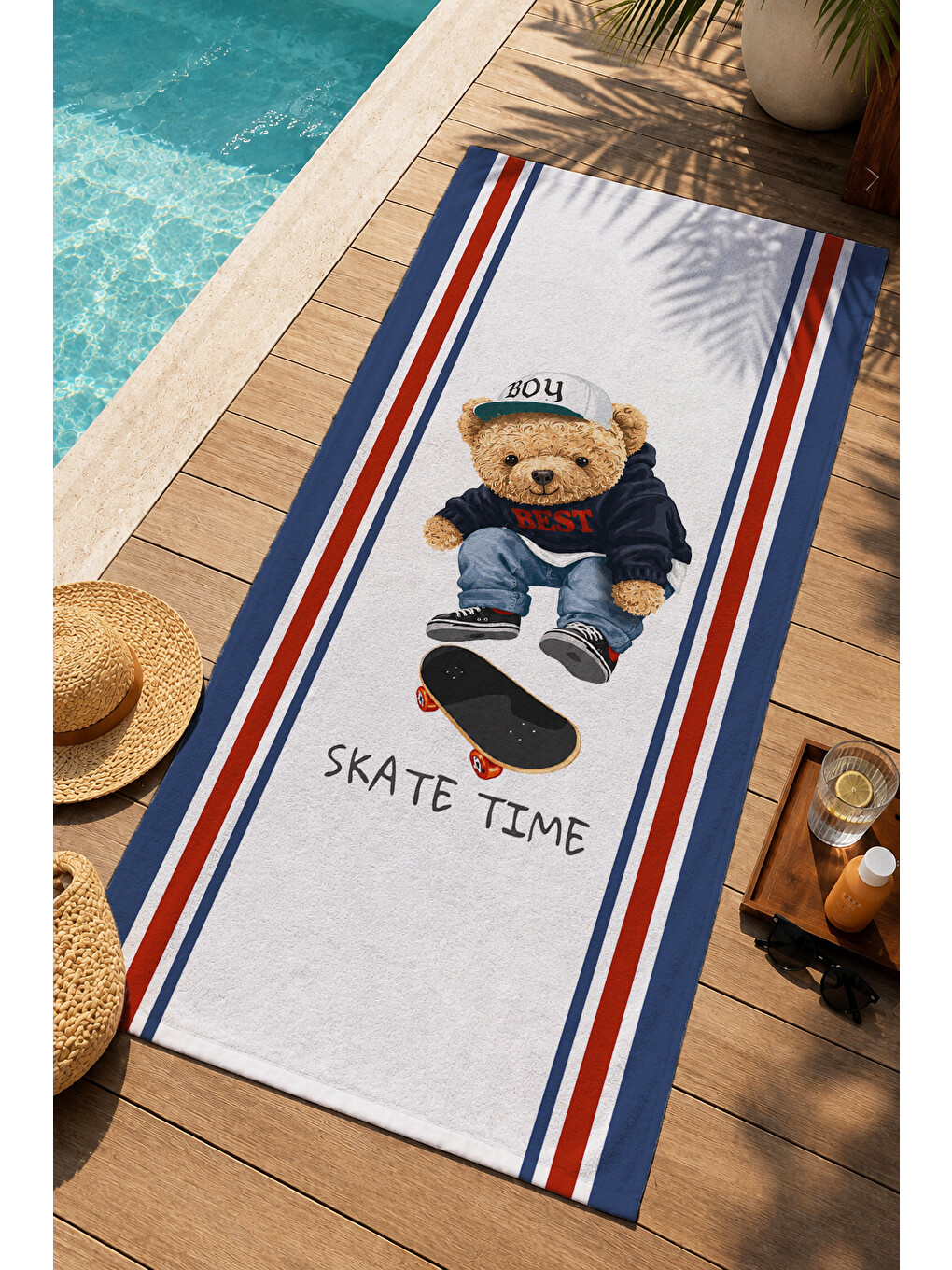 Mavi Skate Time Kaykaycı Ayıcık Desenli 70x150 Plaj Havlusu - Dijital Baskılı Solmaz Banyo Havlusu-3
