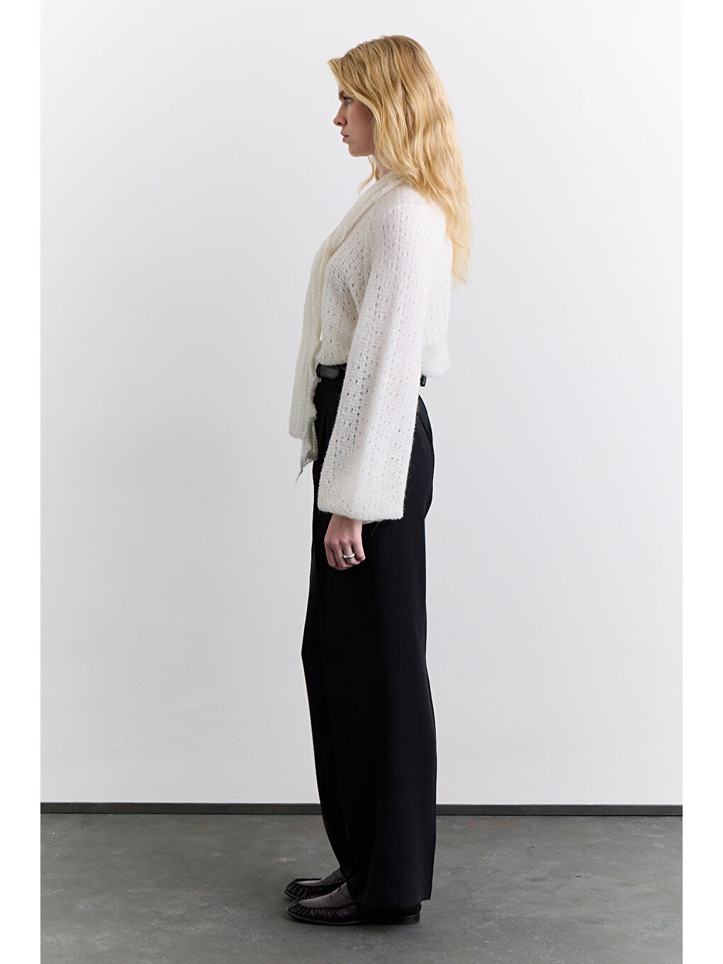 Bağlama Yakalı Ajurlu Kazak Ekru-5