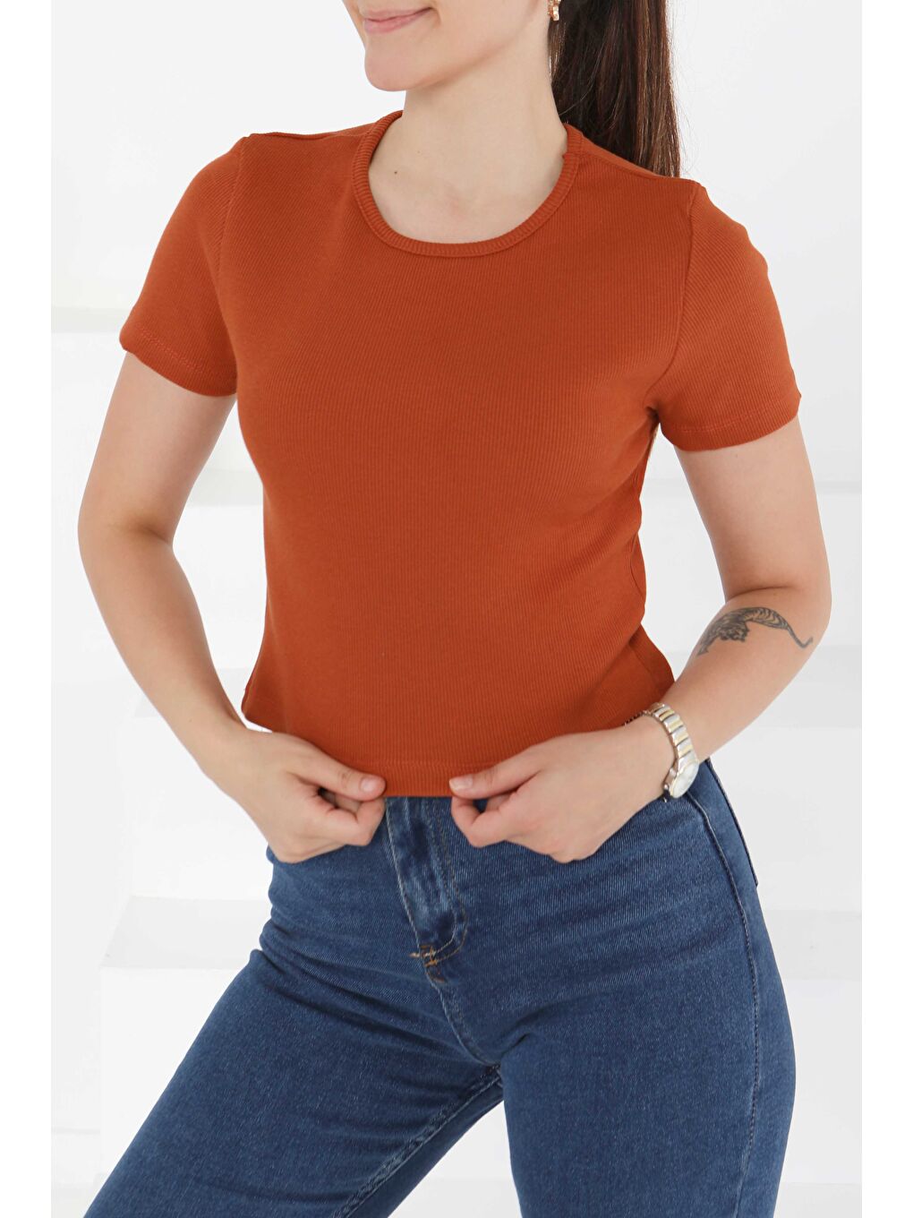 Kahverengi Kısa Kollu Body Kiremit - 27418-2