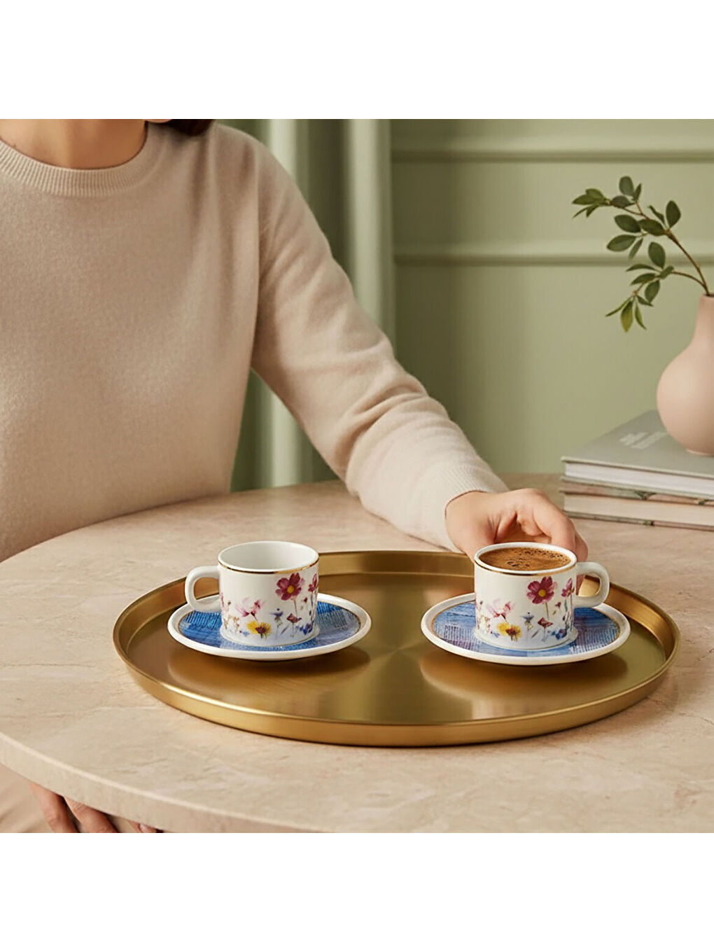 Ekru Mental 4 Parça 2 Kişilik Kahve Fincan Takımı 6709 Mavi-2