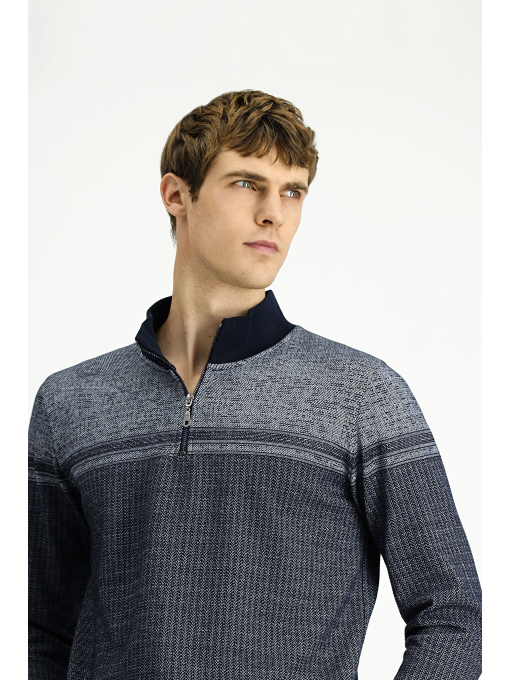 Lacivert Yarım Balıkçı Yaka Yaka Regular Fit Desenli Fermuarlı Pamuklu Sweatshirt-2