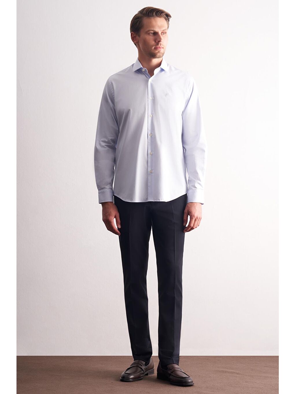 Mavi Yarım İtalyan Yaka Uzun Kol Premium Slim Fit %100 Pamuk Gömlek 1004255197-1