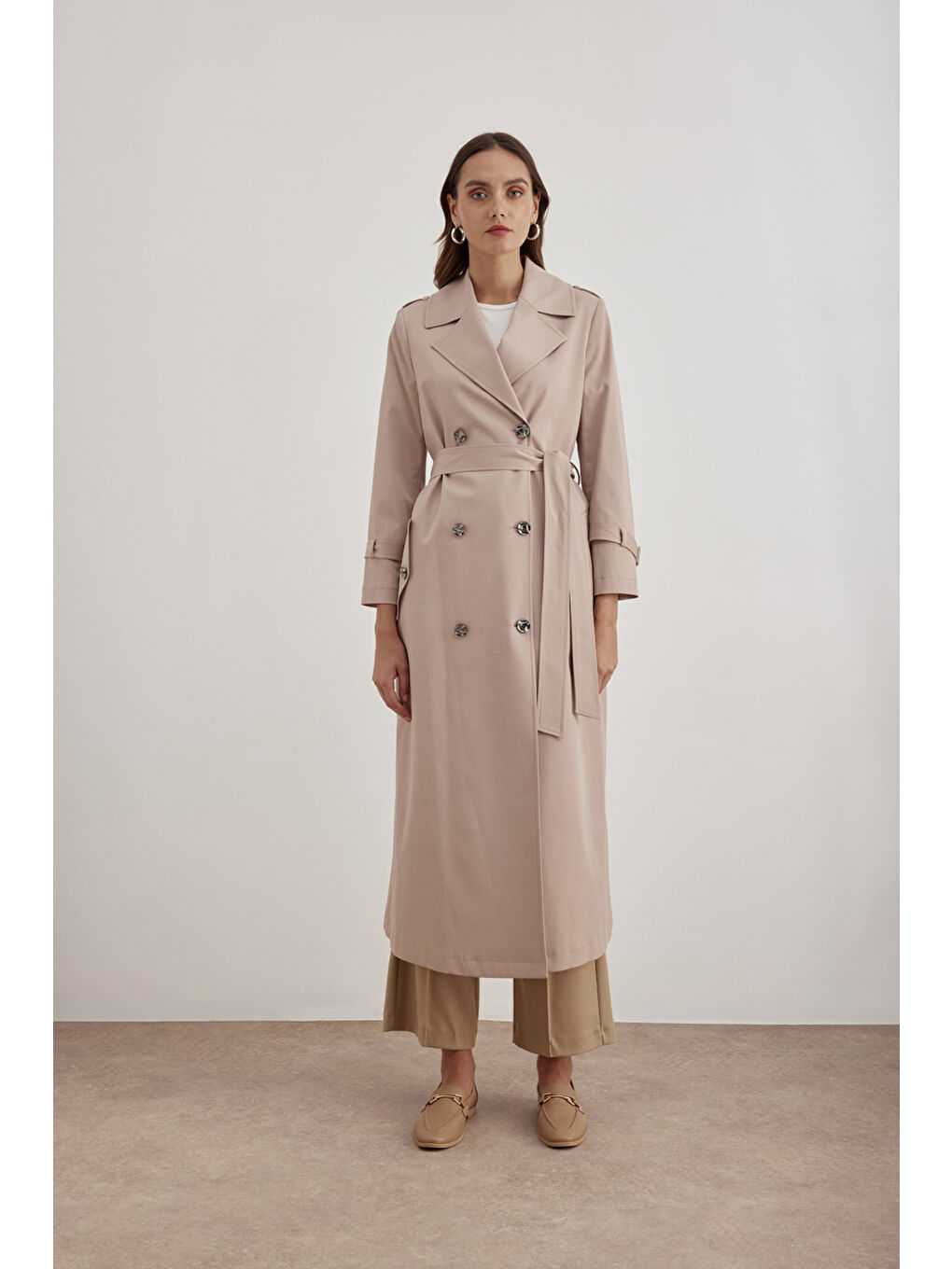 Bej 7648111 İşleme Detaylı Kruvaze Kapama Trençkot-1