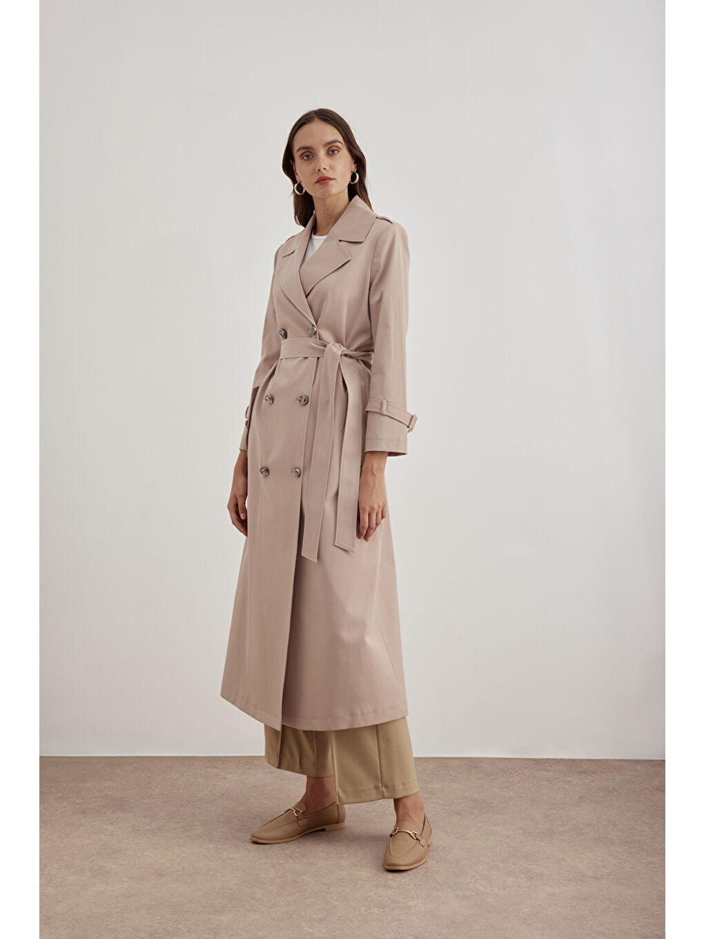 Bej 7648111 İşleme Detaylı Kruvaze Kapama Trençkot-2