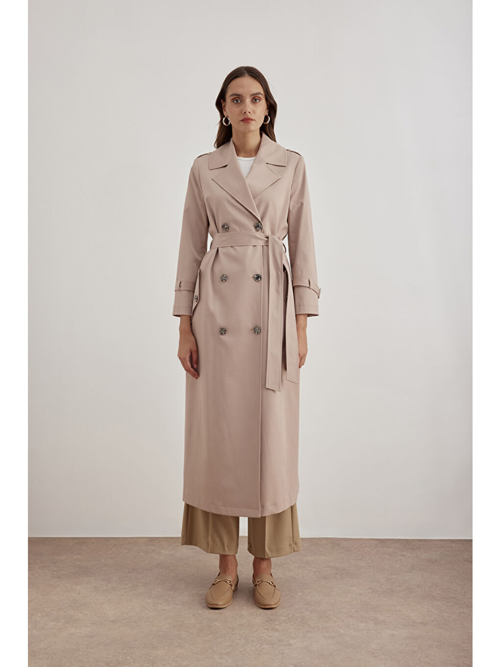 Bej 7648111 İşleme Detaylı Kruvaze Kapama Trençkot-3