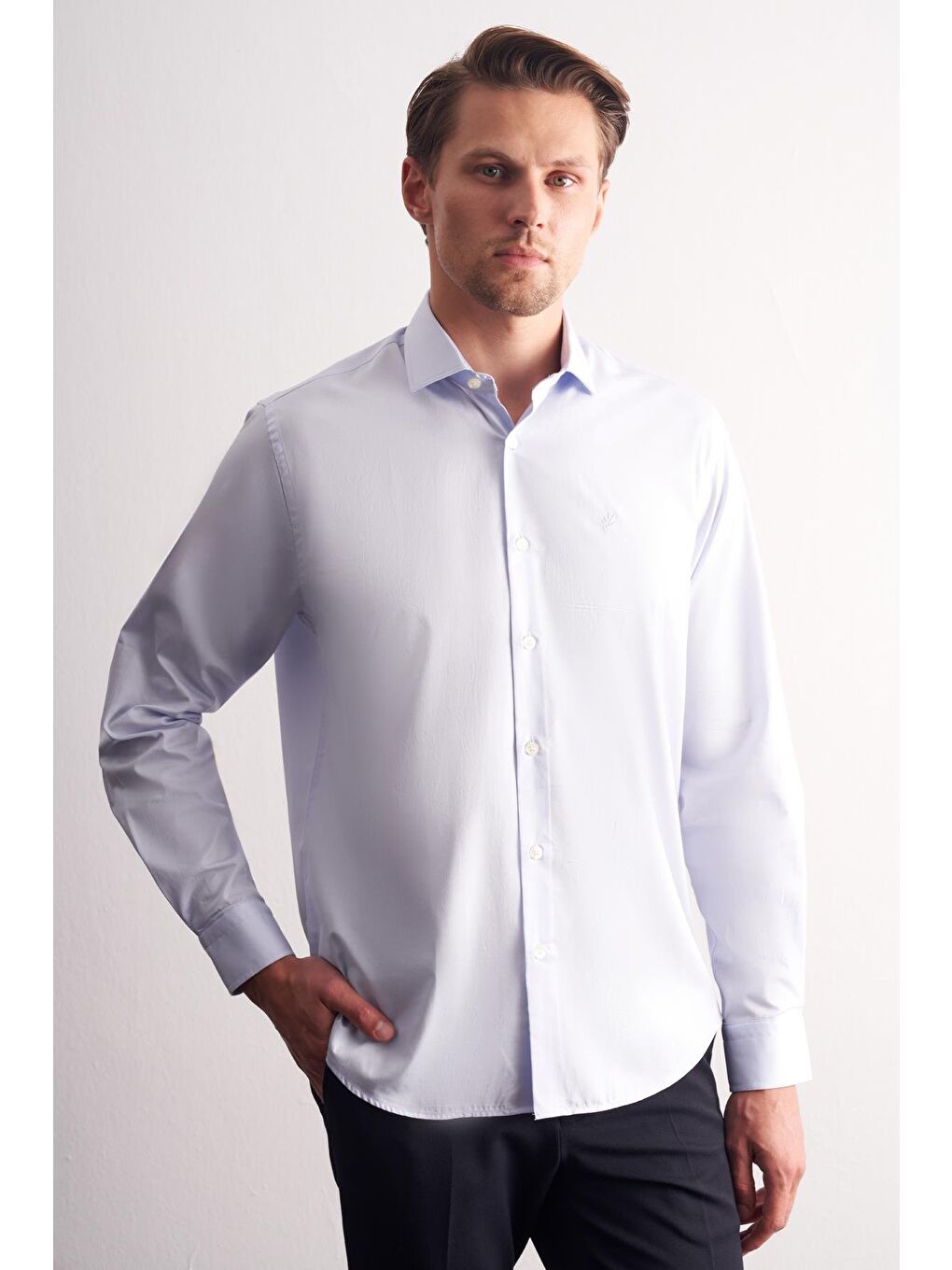 Mavi Yarım İtalyan Yaka Uzun Kol Premium Slim Fit %100 Pamuk Gömlek 1004255197-2