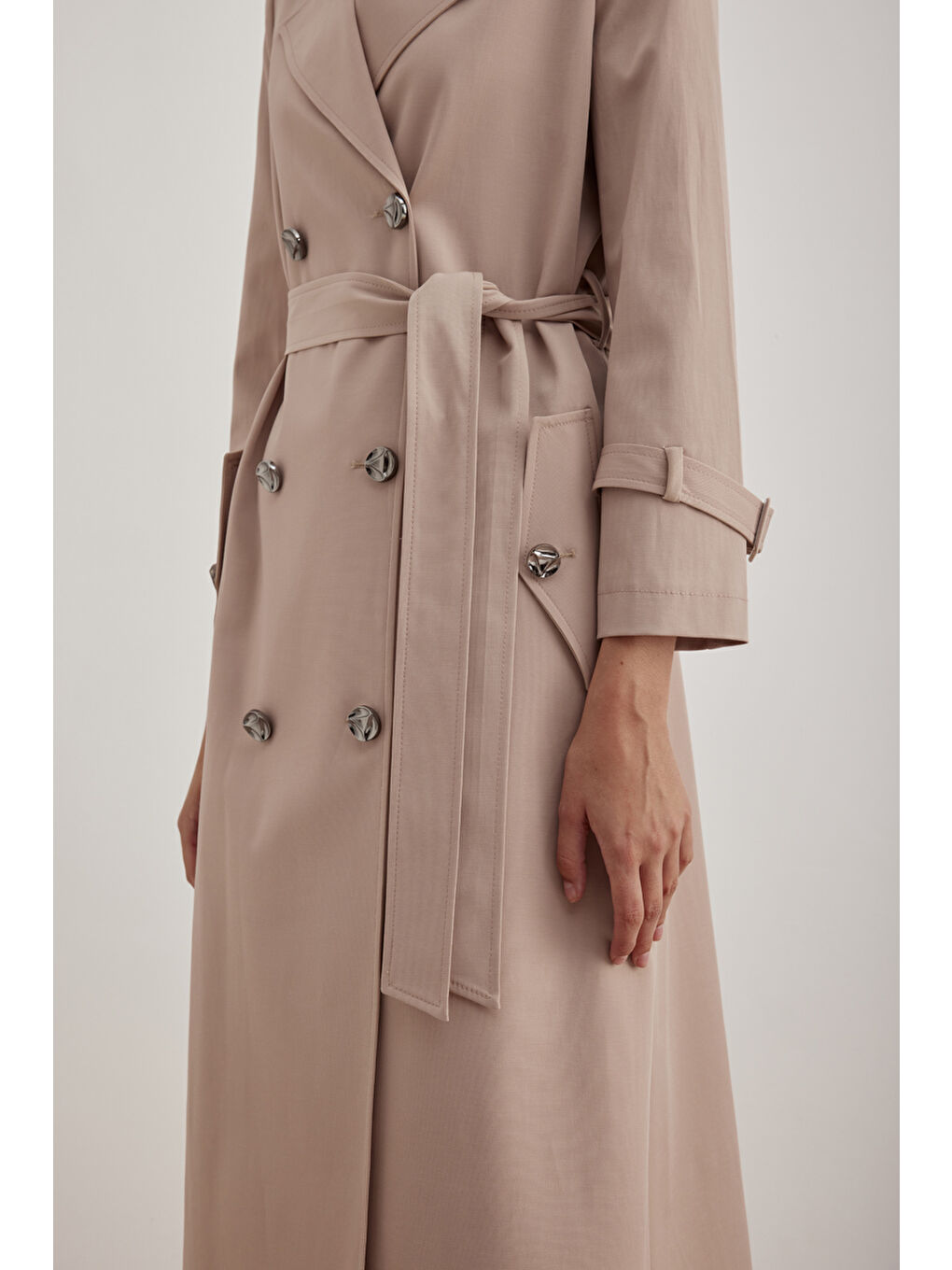 Bej 7648111 İşleme Detaylı Kruvaze Kapama Trençkot-4