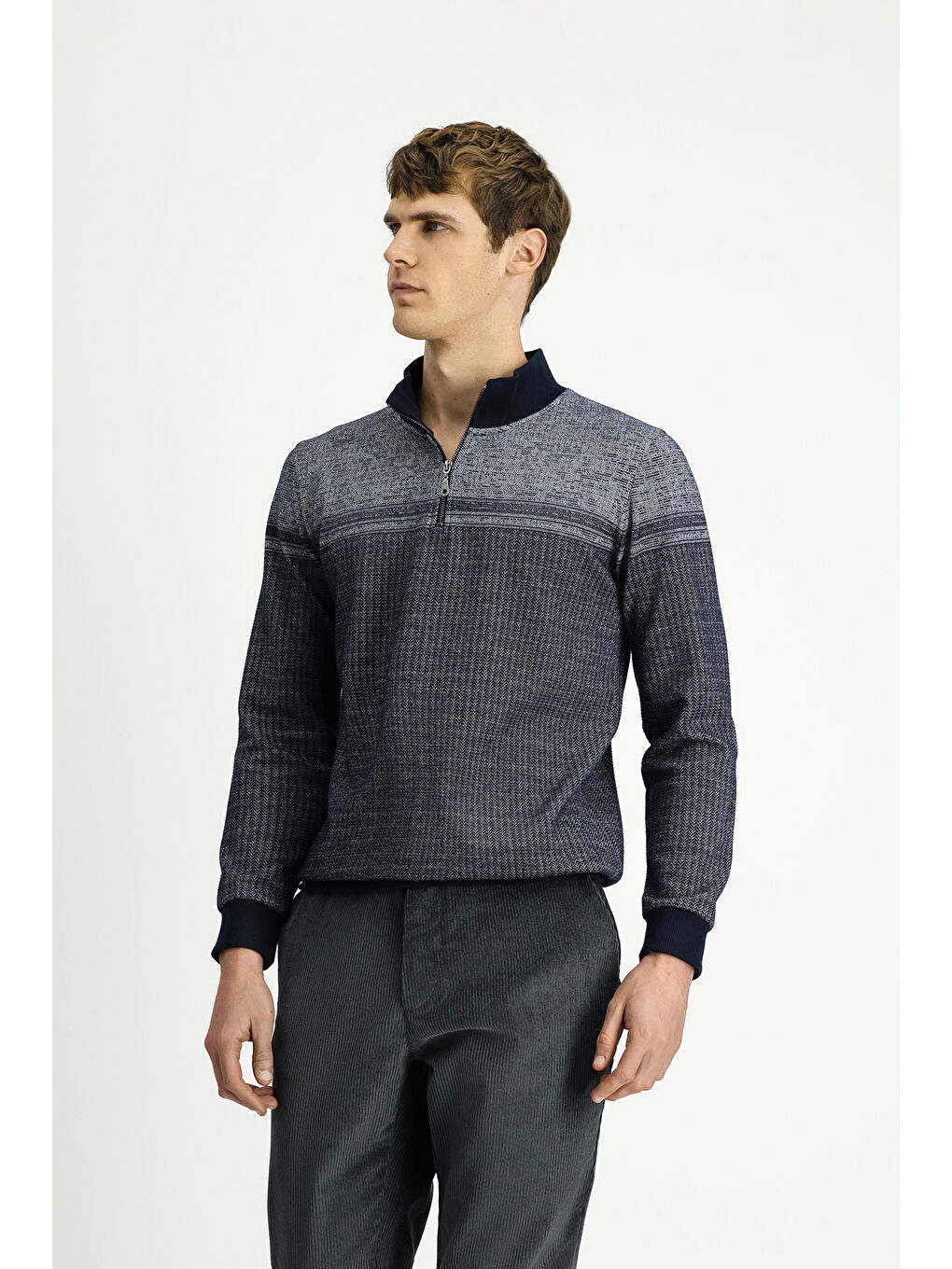 Lacivert Yarım Balıkçı Yaka Yaka Regular Fit Desenli Fermuarlı Pamuklu Sweatshirt-3