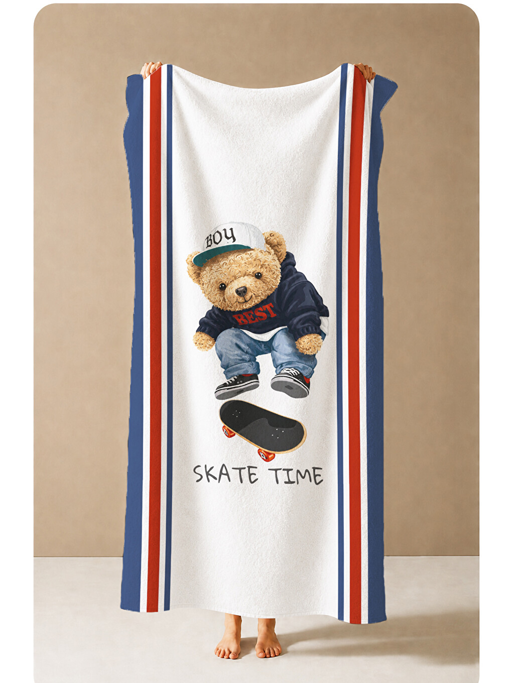 Mavi Skate Time Kaykaycı Ayıcık Desenli 70x150 Plaj Havlusu - Dijital Baskılı Solmaz Banyo Havlusu-4