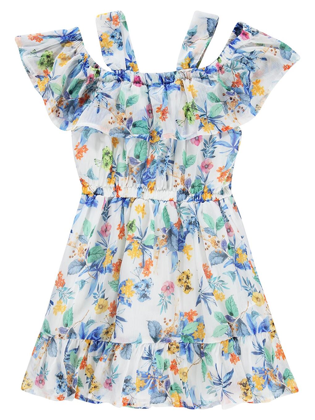 Şifon Askılı Kolları LastikliAstarlı Elbise 6-9 Yaş - Ekru 9-10 Yaş