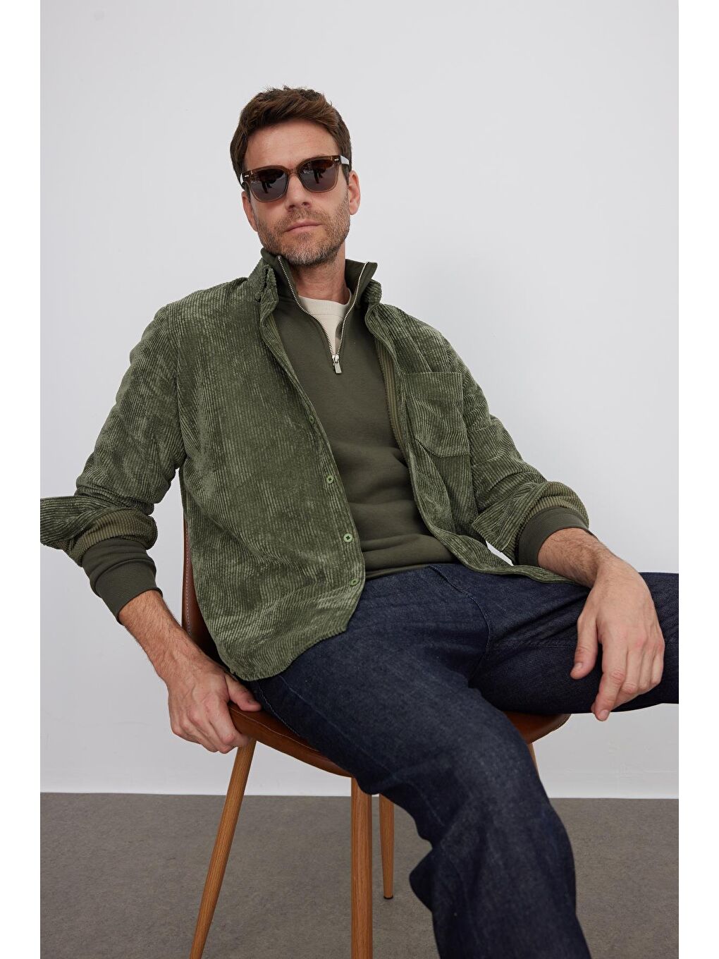 Erkek Regular Fit Rahat Kesim Fitilli Kadife Görünüm Düğmeli Yaka Haki Ceket Gömlek-1
