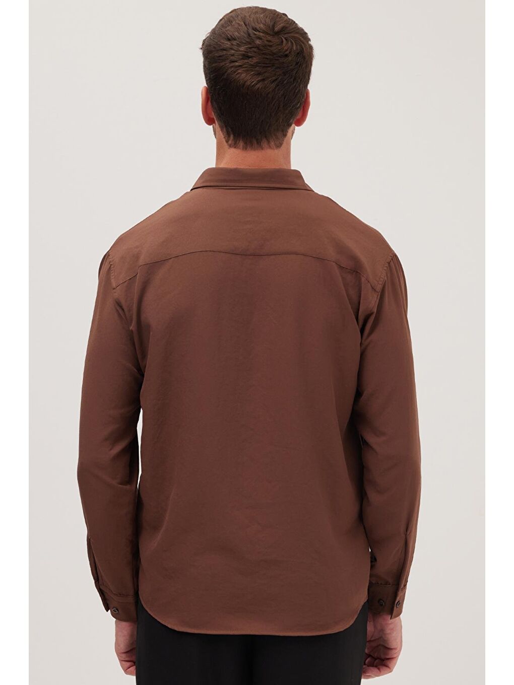 Oversize Mevsimlik Keten Dokulu Bol Kalıp Uzun Kollu Rahat Kullanım Erkek Kahverengi Gömlek-6