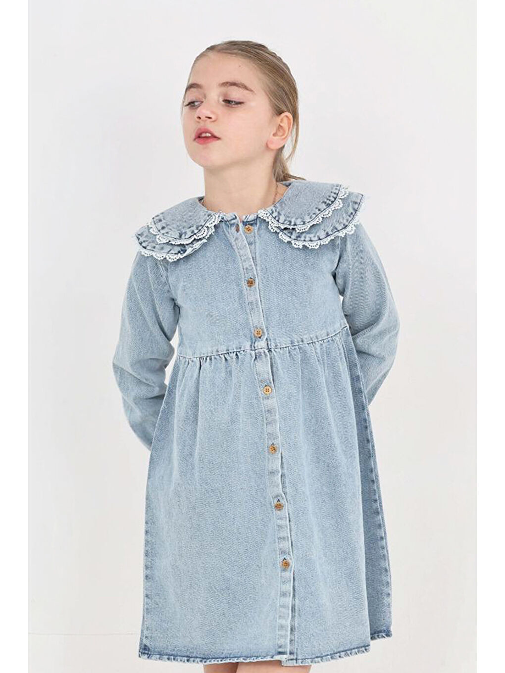 Mavi Kız Çocuk Çift Yaka Detaylı ve Boydan Düğmeli Jean Elbise 12341-1