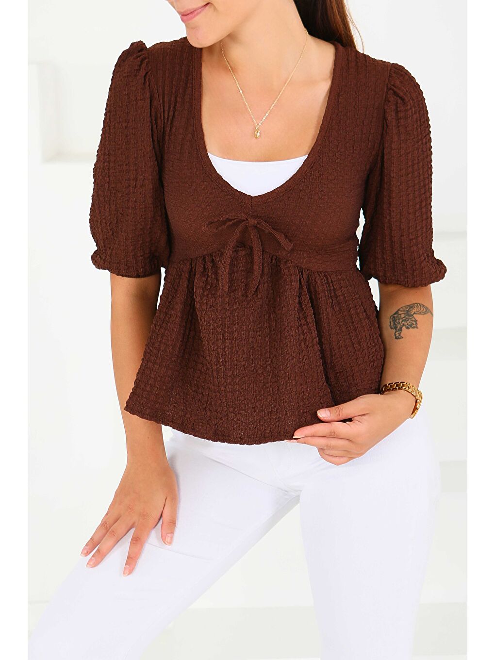 Kahverengi Buffle Kısa Kollu Bluz Kahve - 27538-1