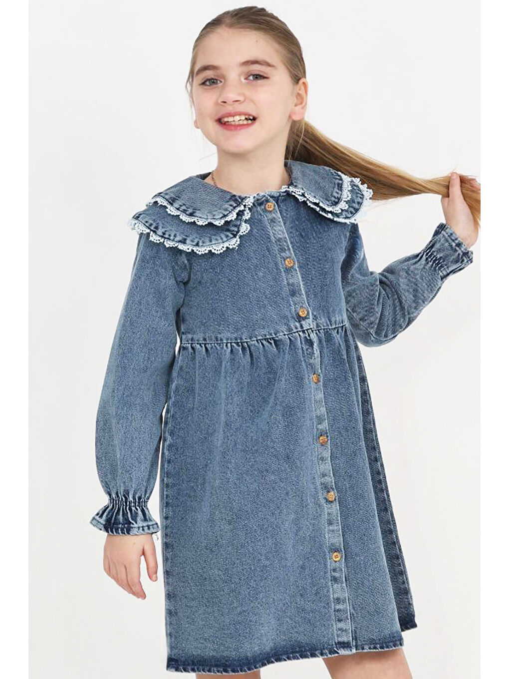 İndigo Kız Çocuk Çift Yaka Detaylı ve Boydan Düğmeli Jean Elbise 12341-1