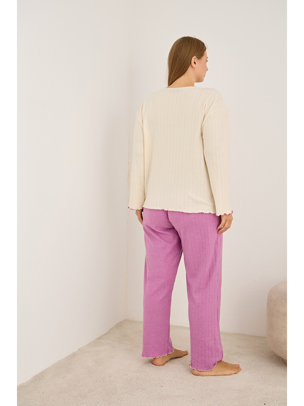 Pembe Kalp Nakışlı Büyük Beden Örme İnterlok Pijama Takım25228002-2